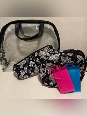 Vera Bradley Black Floral Travel Cosmetic Bag Set with Pink & Blue Luggage Tags